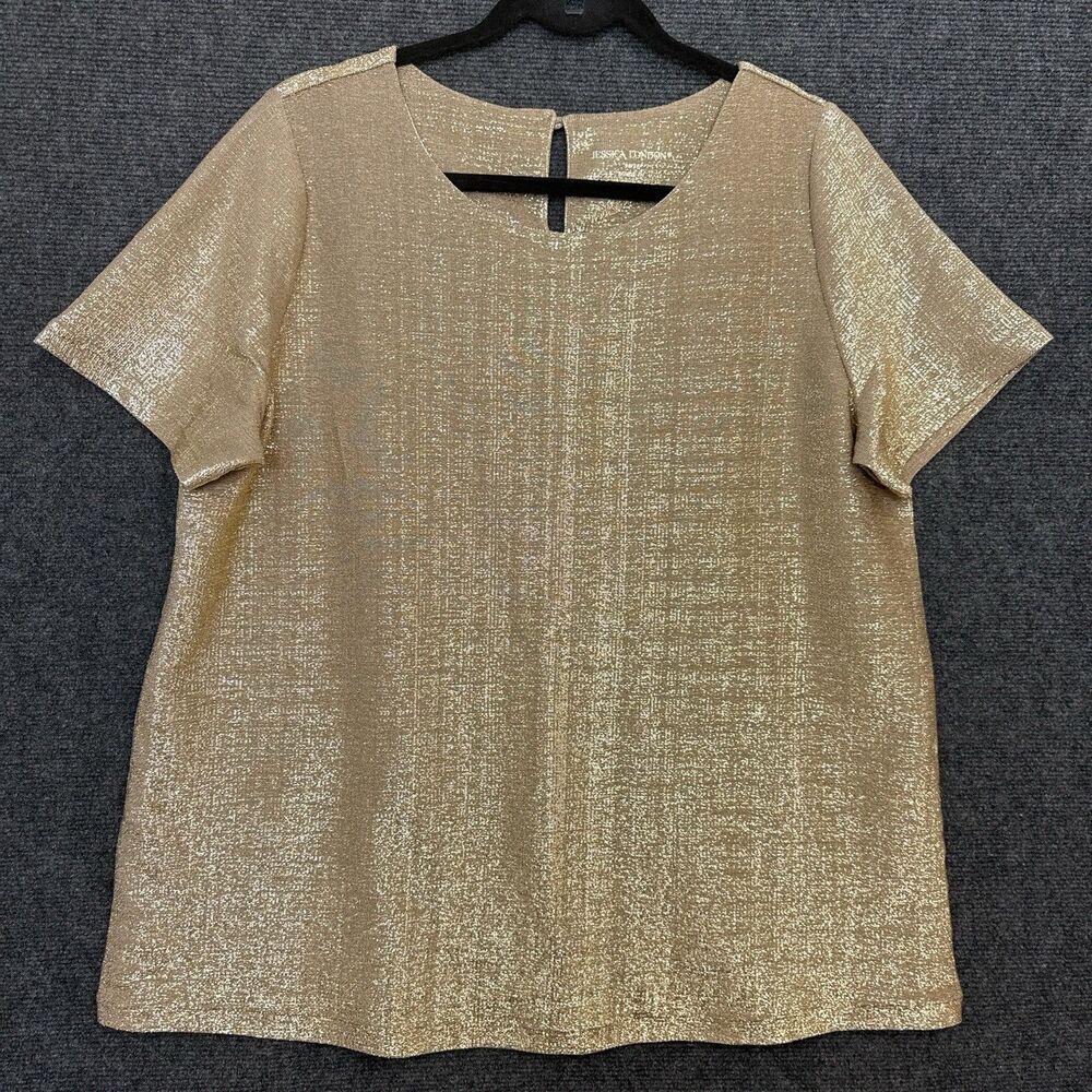 Jessica London Womens Gold Metallic Short Sleeve Top Holiday Mob Wife Glam 14/16